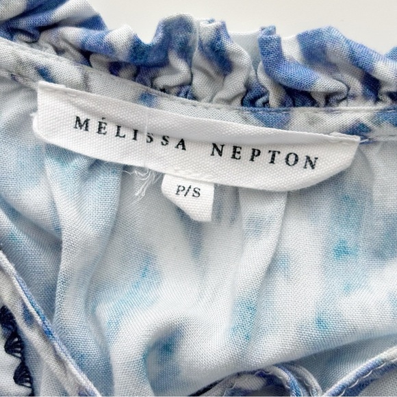 Melissa Nepton Ikat Print Tie Neck Sleeveless Blouse Small Blue - Picture 5 of 7